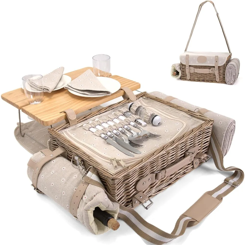 

Mutifunctional Wicker Picnic Basket Set for 2 with Blanket and Picnic Table, Insulated Picnic Set with Full Tablewares