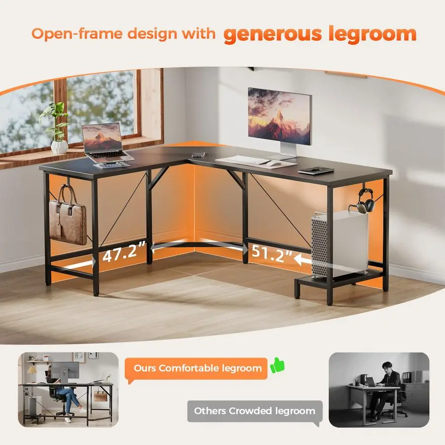مكتب ألعاب زاوية كبيرة مقاس 50 بوصة، مكتب بسيط على شكل حرف L مع خطافات حامل وحدة المعالجة المركزية، مكتب كمبيوتر للمنزل، غرفة النوم والمكتب