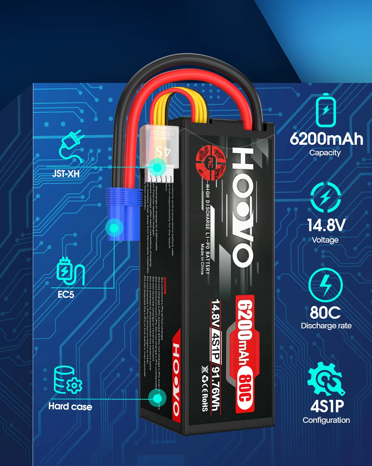 HOOVO 4S 14.8V 80C 6200mAh RC 리포 배터리 하드 케이스 배터리 (헬리콥터 FPV UAV 드론 RC 쿼드콥터용 EC5 커넥터 포함) 1개