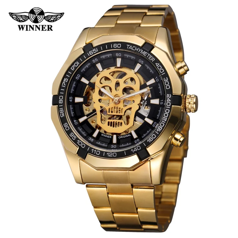 Free Shipping OUTLETSNew WINNER European and American Men's Fashion Casual Luminous Skull Hollow Automatic Mechanical Watch