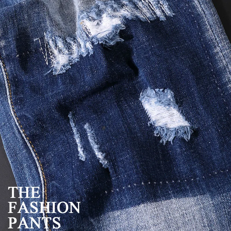 Street Fashion Men Jeans Retro Washed Blue Elastic Stretch Slim Fit Ripped Jeans Men Vintage Designer Denim Pencil Pants Hombre
