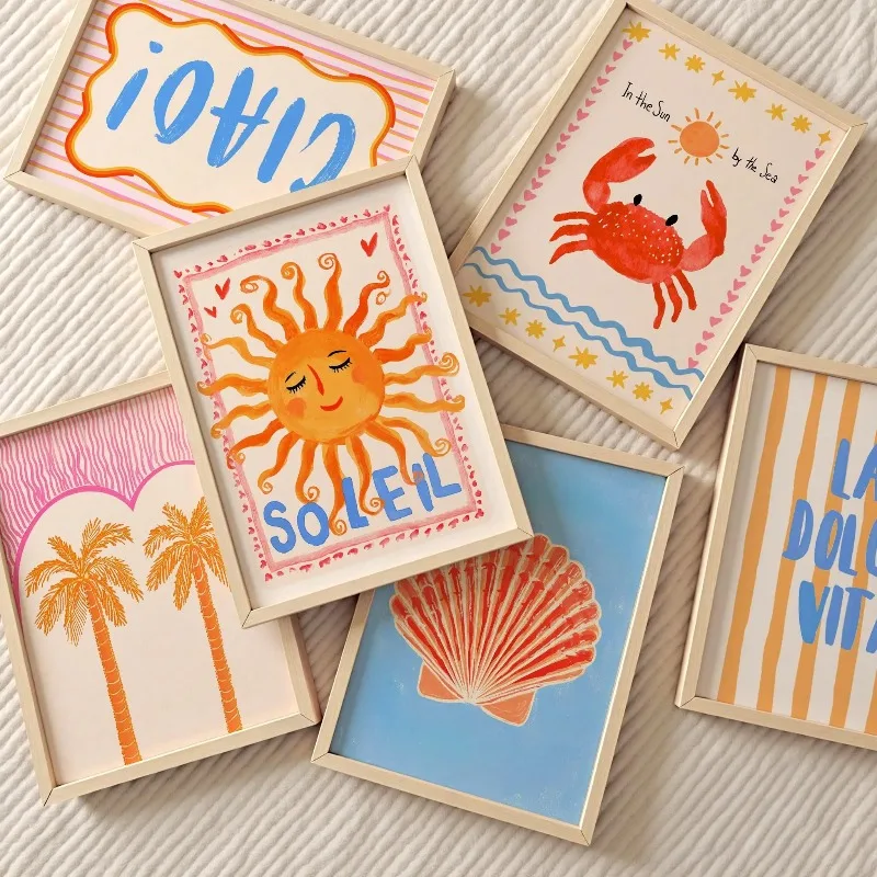 1/6pcs Cute Sun Crab Shell Canvas Printing Summer Palm Tree Ciao Offer Striped Wall Art Poster for Modern Nursery Home Decor