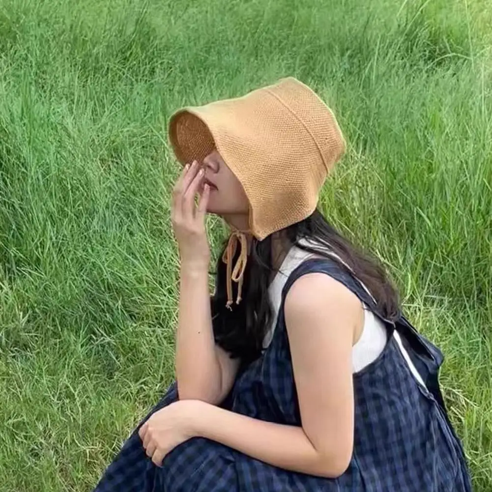 Summer Straw Weaving Shade Hat Linen Straw Regency Bonnets Hats Big Eaves Sun Protection Cap For Summer Outdoor Activities