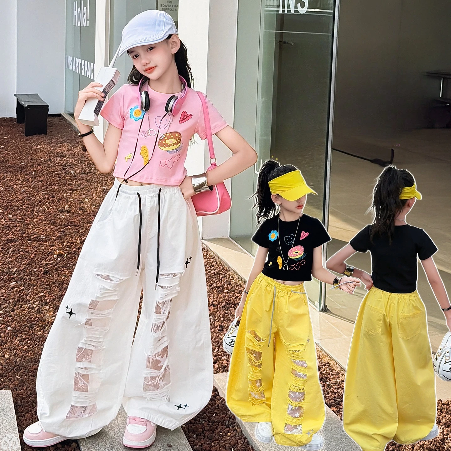 Kids Child High Fashion Streetwear Outfit Graffiti Crop Top+Lace Hole Jeans Suit for Girls Hiphop Style Stage Wear Clothes Set