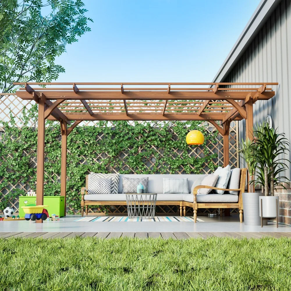 ！@12x10FT Modern Outdoor Wooden Pergola Solid Fir Wood Grape Trellis Climbing Plant Support Garden Patio Deck Outdoor Furniture