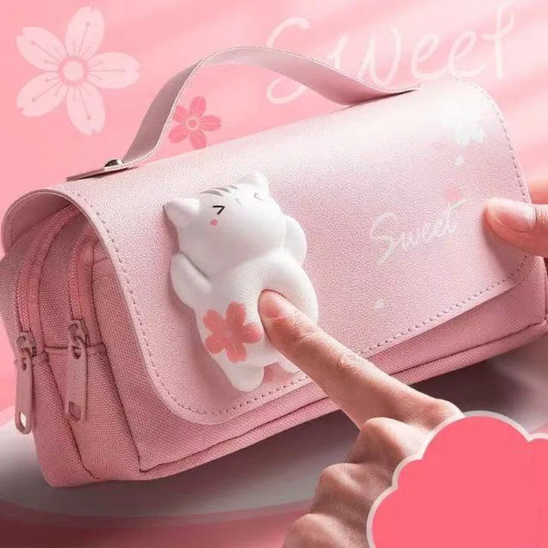 Cartoon Decompression Pencil Case Three Layers Large Capacity Simple Student Pen Bag Junior Students Stationery Prize Pencil Bag