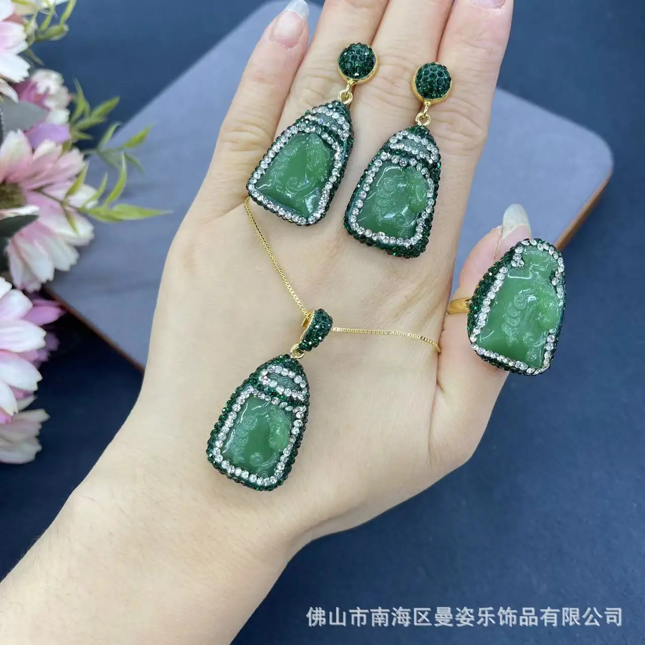 

Ore green glazed money bag pottery mud inlaid jewelry set niche original design bag pendant necklace earring ring sales