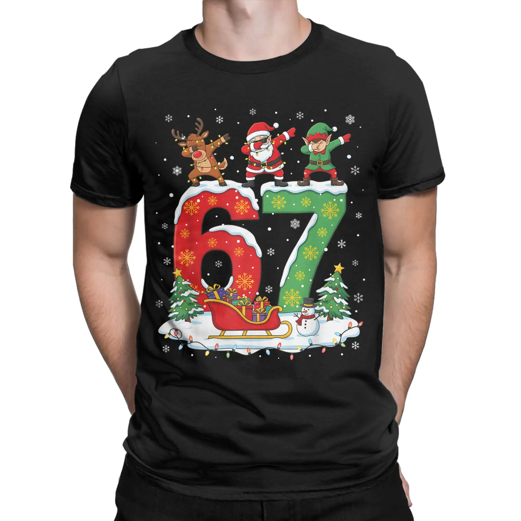 Christmas 67 Six Seven Meme Gen Reindeer Santa Elf Dab T Shirts Men Funny T-Shirt Round Collar  Tees Short Sleeve Clothes Party