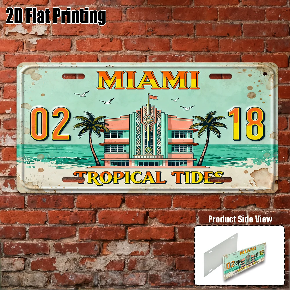 2D Flat, 1pc Vintage Aluminum Sign for Decoration Only, Yard Signs & Wall Art , Miami Tropical Tides Themed Aluminum Sign