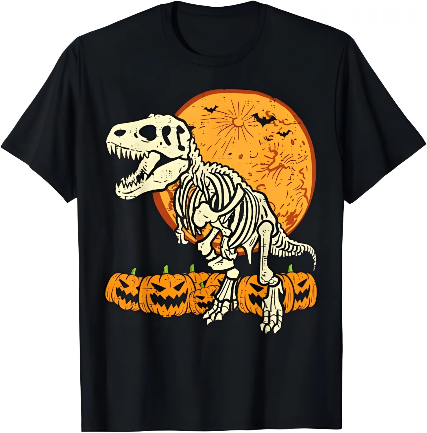 Skeleton Dinosaur Trex Dino Pumpkins Moon Boys Halloween Men T-Shirt