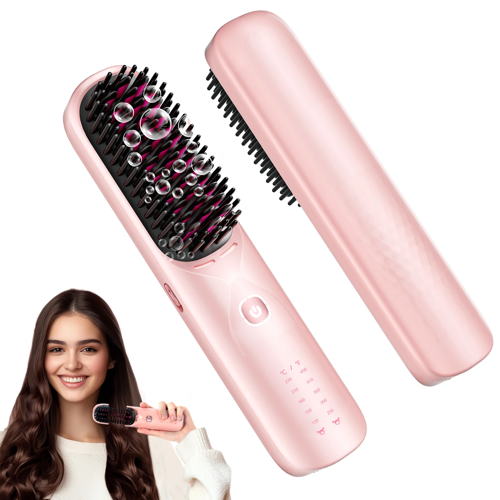 Compact Cordless Hair Straightener Brush 1000mAh Rechargeable Wireless Anti-Scald Negative Ions Frizz- for Household Use