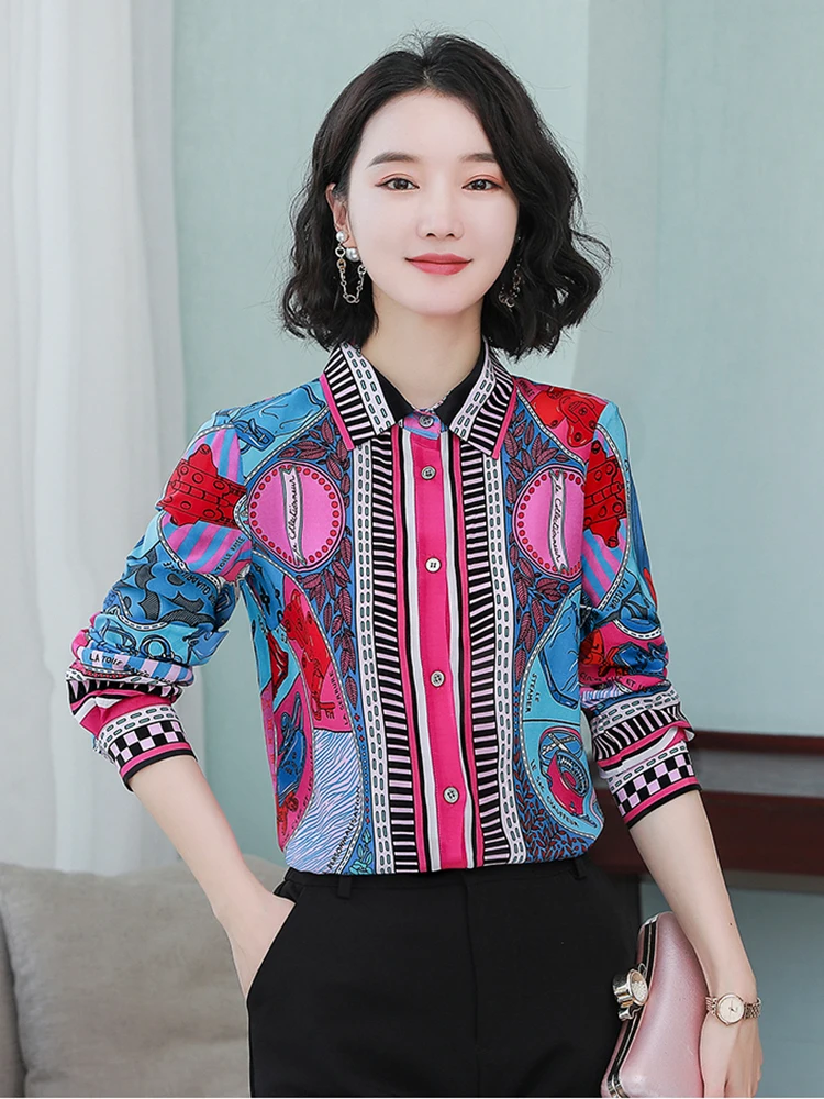 

New Spring Autumn Women's Office Lady Turn-down Collar Shirt Dopamine Fashion Single Breasted Printed Long Sleeved Top H09