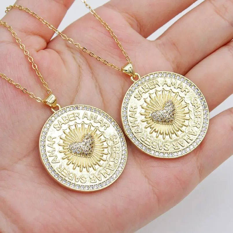 

Cubic Zirconia Copper Point Alphabet Coin Shape Chain Necklace Invisible Setting Gift For Her Gold Color