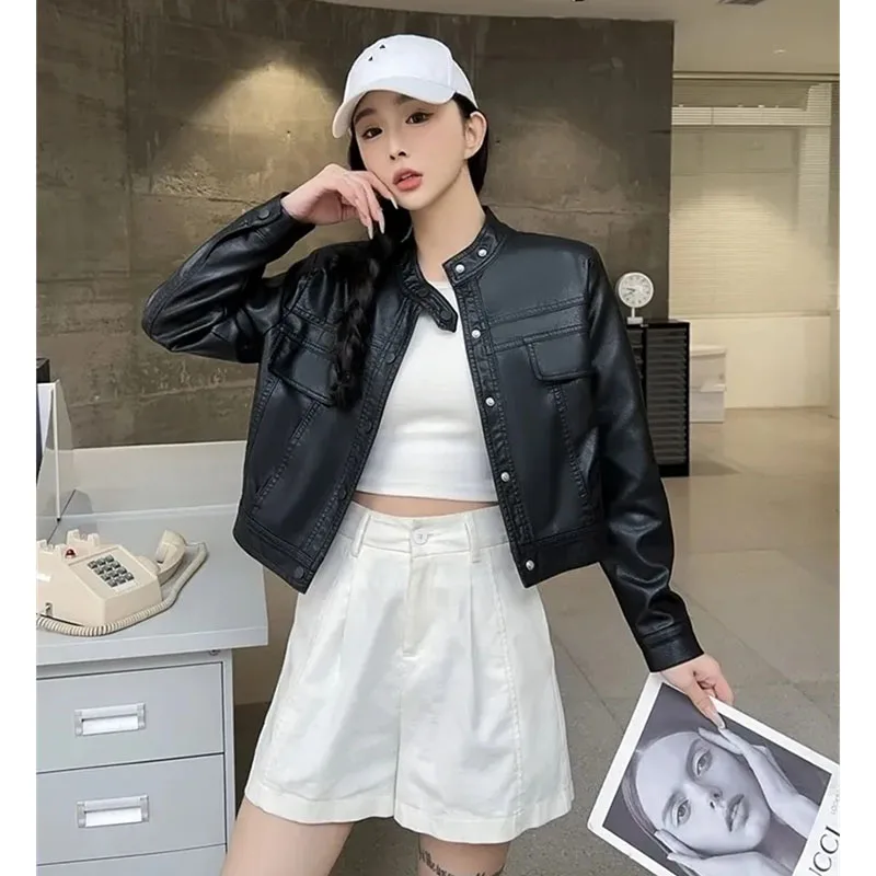2025 nueva chaqueta coreana de cuero Pu para mujer, moda de otoño, corta, informal, combina con todo, de cuero, holgada, para mujer, prendas de vestir exteriores