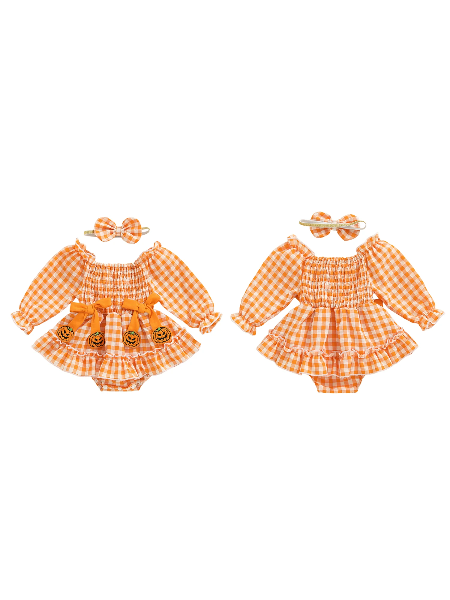 Halloween-Stramplerkleid für Babys und Mädchen mit Schleife und Stirnband, langärmelig, karierter Druck, elastischer Ausschnitt – Detail 1