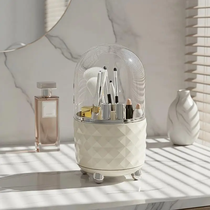 [L] 360 Degree Rotating Makeup Brush Holder Large Capacity Diamond Pattern For Vanity Desk Bathroom Cosmetics Storage
