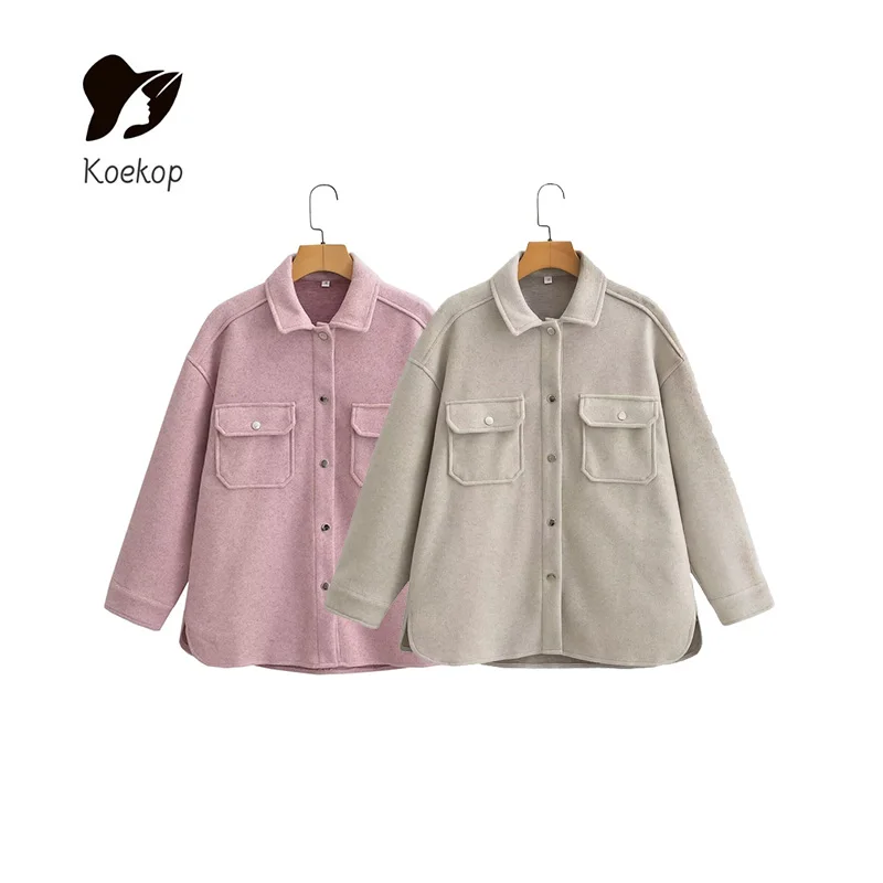 Koekop Women's Fashion Solid Color Pocket Decoration Lapel Tweed Jacket Vintage Casual Long Sleeve Chic Lady Jacket