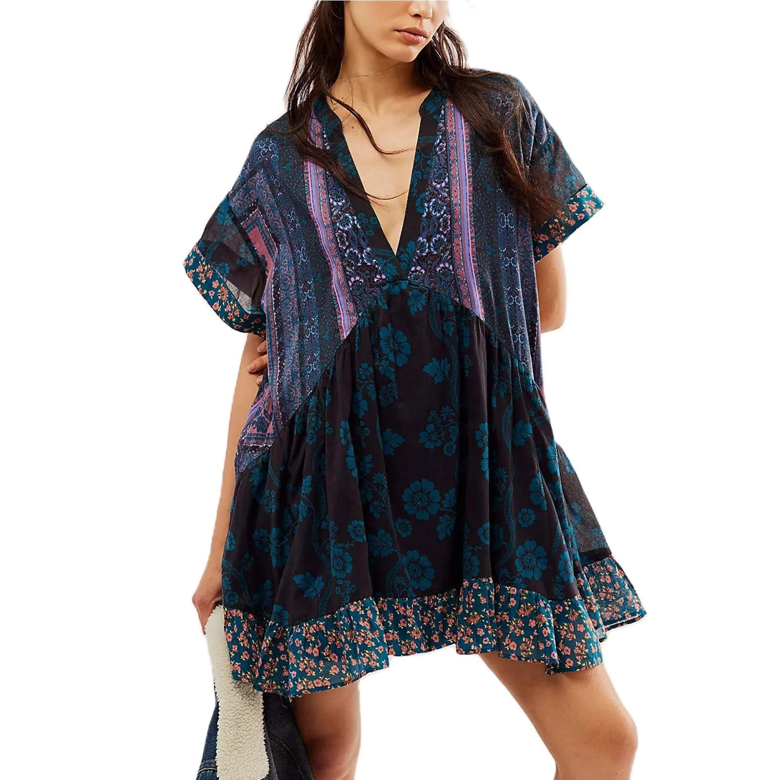 

Women's Summer Dresses Bohemian Floral Print Vintage V-Neck Short Sleeve Loose Dress Fashion Elegant Leisure Party Dress