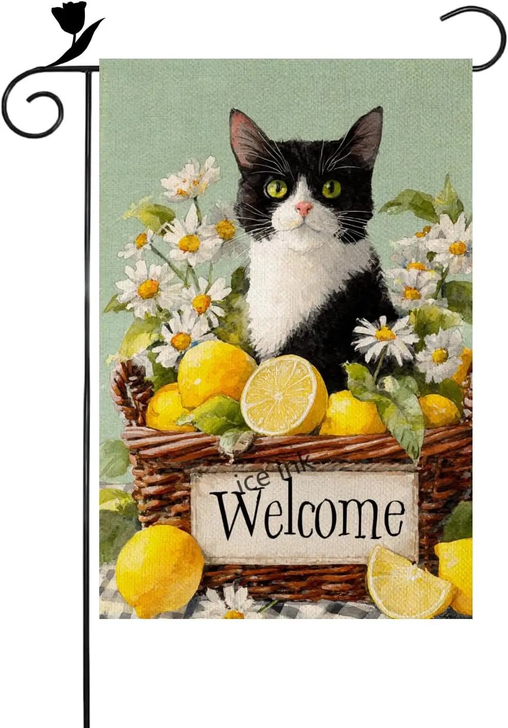 Ice ink Tuxedo Cat Garden Flag 12x18 Inch Double Sided Basket of Lemons and Daisies Welcome Yard Flag Rustic Linen Burlap Su ZZM