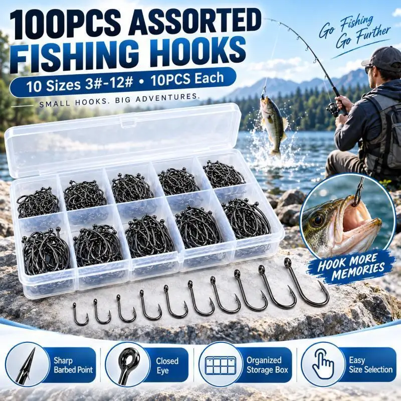 100PCS Barbed Fishing Hooks Set, 10 Sizes 3#-12#, Assorted Freshwater Hooks with Storage Box for Bass Trout Fishing
