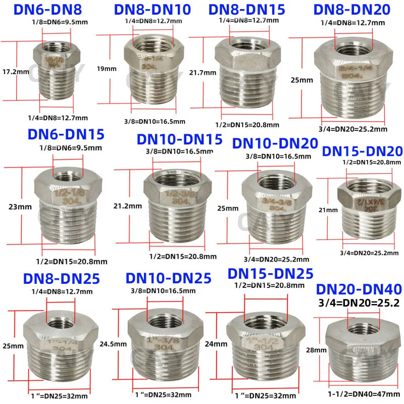 ลด Bushing ชาย x หญิง 1/8 "1/4" 1/2 "3/4" 1 "DN8 DN10 DN15 DN20 BSP 304 สแตนเลสสตีลประปาอุปกรณ์ท่อ