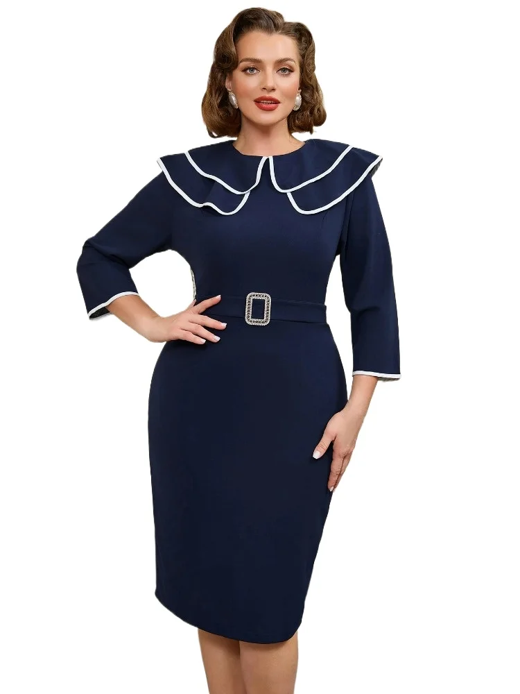 

Business Casual Women Spring Dresses for Women Lapel Neck Long Sleeve Bodycon Office Work Dress in Dark Navy Blue 2025 New