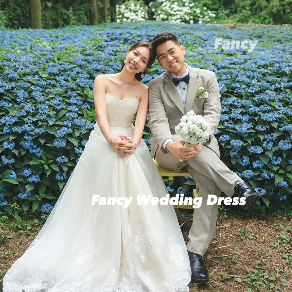 Fancy Princess Lace Korea Wedding Dress A Line Soft Tulle Bridal Gown Floor Length Back Corset Customized