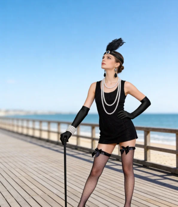 PESENAR 1920s Flapper Costume Accessory Set with Feather Headband, Long Gloves, Pearl Jewelry and Stockings