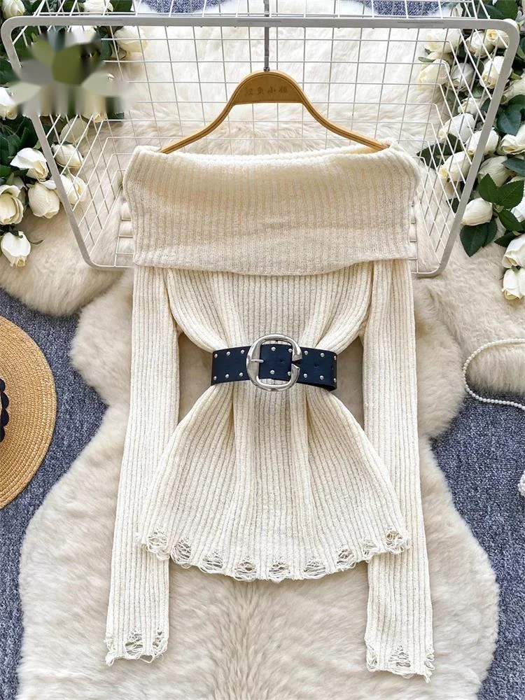 

French Off Shoulder Sexy Casual Sweater Long Sleeve Hollow Out Sashes Autumn Fashion Shirt Knitted Streetwear Pullover