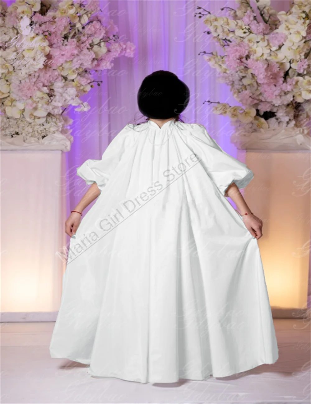 جميلة مخصصة الأبيض الساتان شقيقة العروس ثوب الزفاف وصيفات الشرف منتفخ بالون كم حزب فتاة العباءات