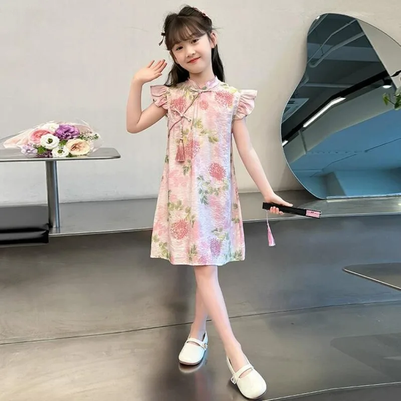 2025 여름 새로운 Vinatge 중국어 Qipao 꽃 소녀 드레스 당나라 정장 아동 의류 키즈 Hanfu 꽃 인쇄 Cheongsam for Girls 4