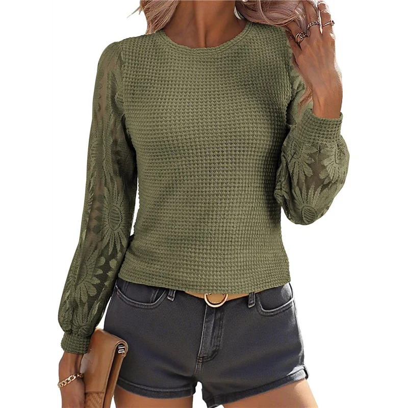 

НОВИНКА-Женские повседневные сетчатые кружевные рубашки с длинными рукавами, вафельная вязаная блузка, рубашка с круглым вырезом, осенние женские топы, пуловеры