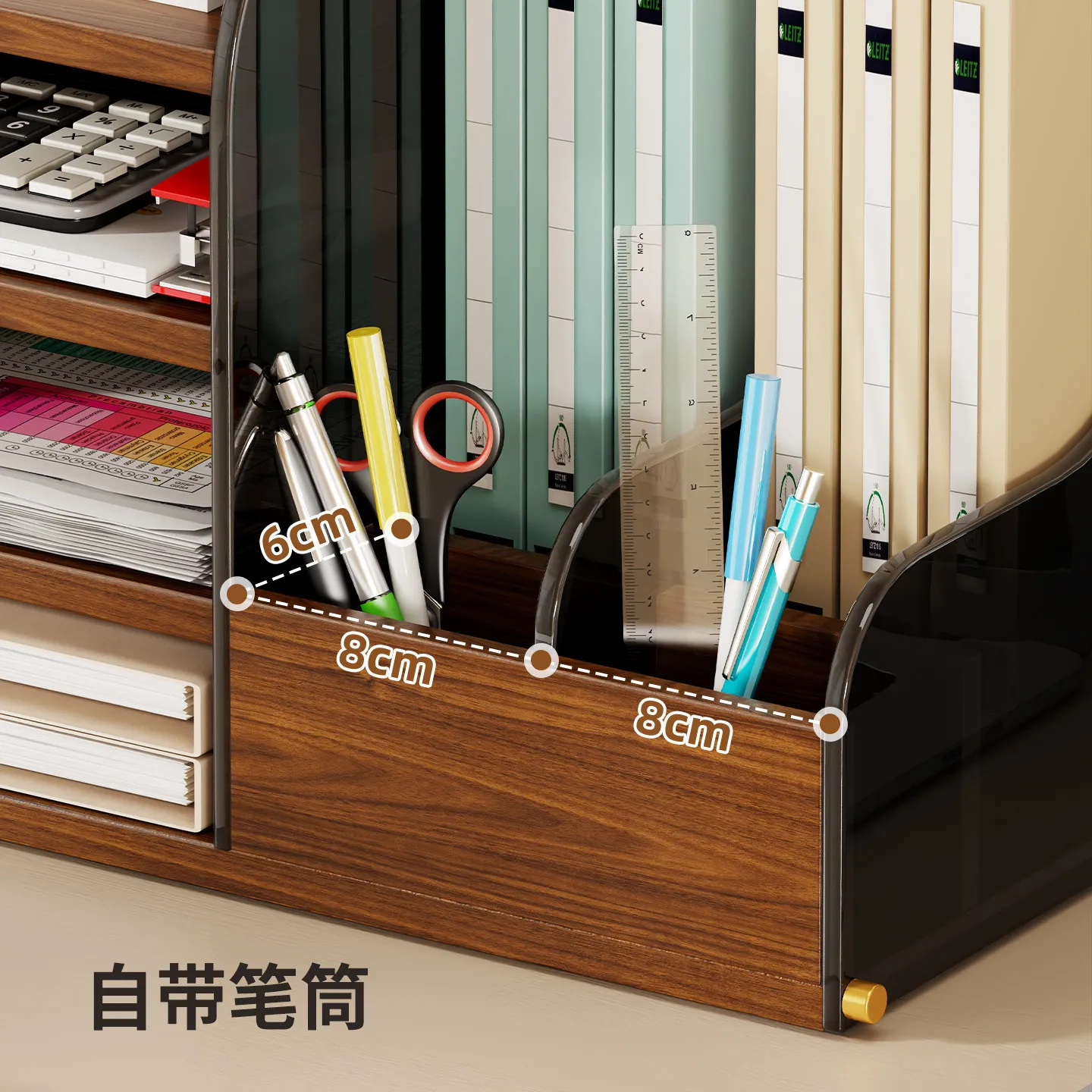 Acrylic and Wood Desktop File Display Rack, Vertical A4 Book and Document Organizer Shelf with Pen Holder for Office Desk