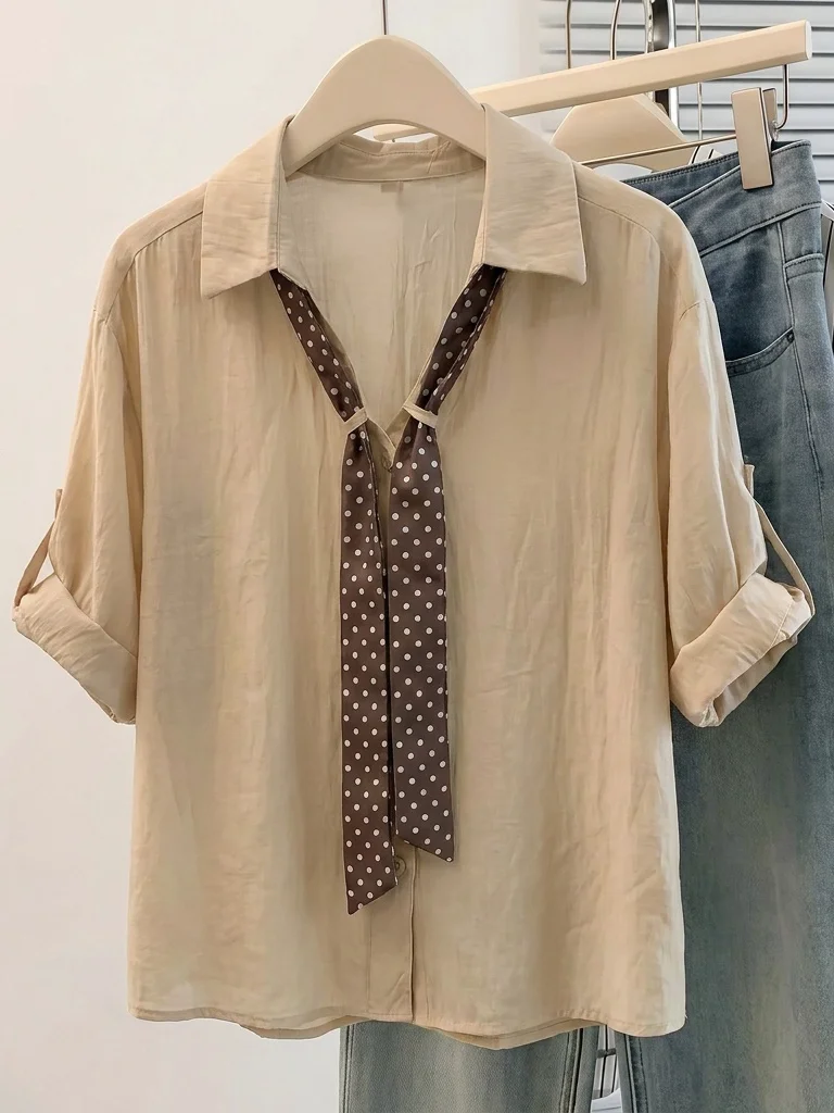 

Slimming Polka Dot Scarf V-Neck Short Sleeve Shirt Women's Summer New Style plus Size Commute Top Thin Material Korean Version