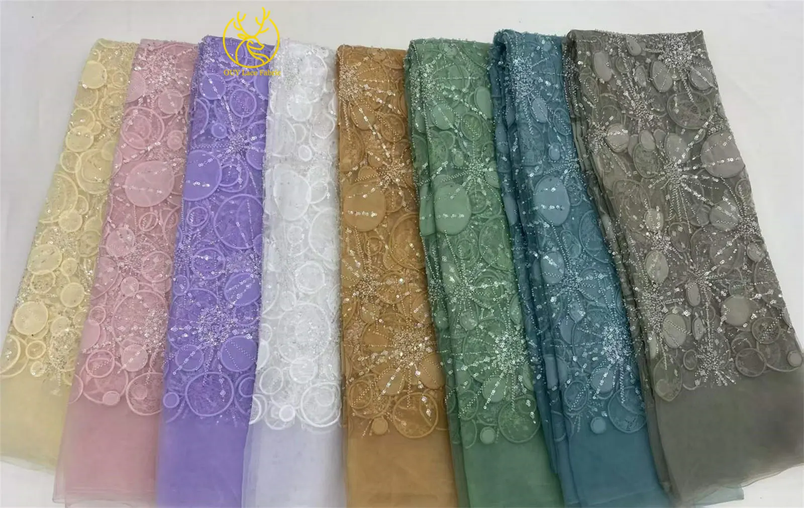 Luxuriöser afrikanischer Spitzenstoff mit Pailletten-Stickerei, gelb, 5 Yards, französischer nigerianischer Tüll-Spitzenstoff für Damen-Partykleider zum Nähen – Detail 24