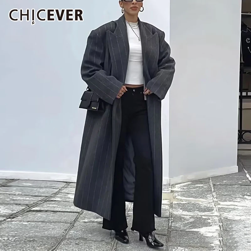 

CHICEVER Patchwork Striped Women's Long Jacket Lapel Long Sleeve Spliced Pockets Temperament Cardigan Coats Female Fashion Style