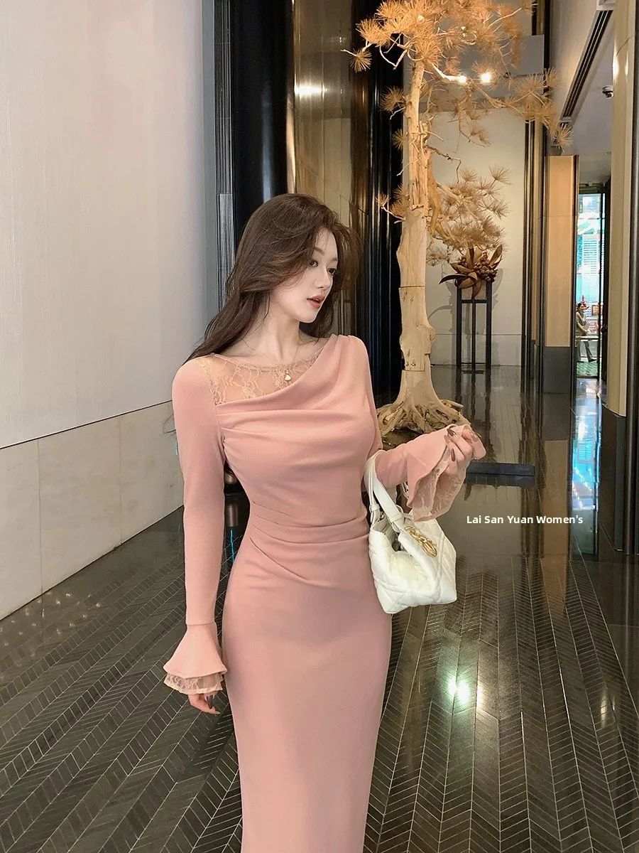 

Ele Long Sve Lace Patchwork Dr Waist Cinched Beautiful Skirt Lin Guan Pink Autumn Winter Slim Fit Bodycon Dr