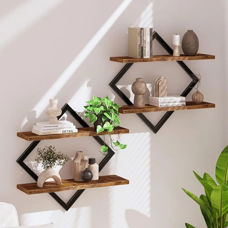 Wooden wall storage rack Iron wood combined finishing rack Living room wall floating baffle retro double layer storage rack