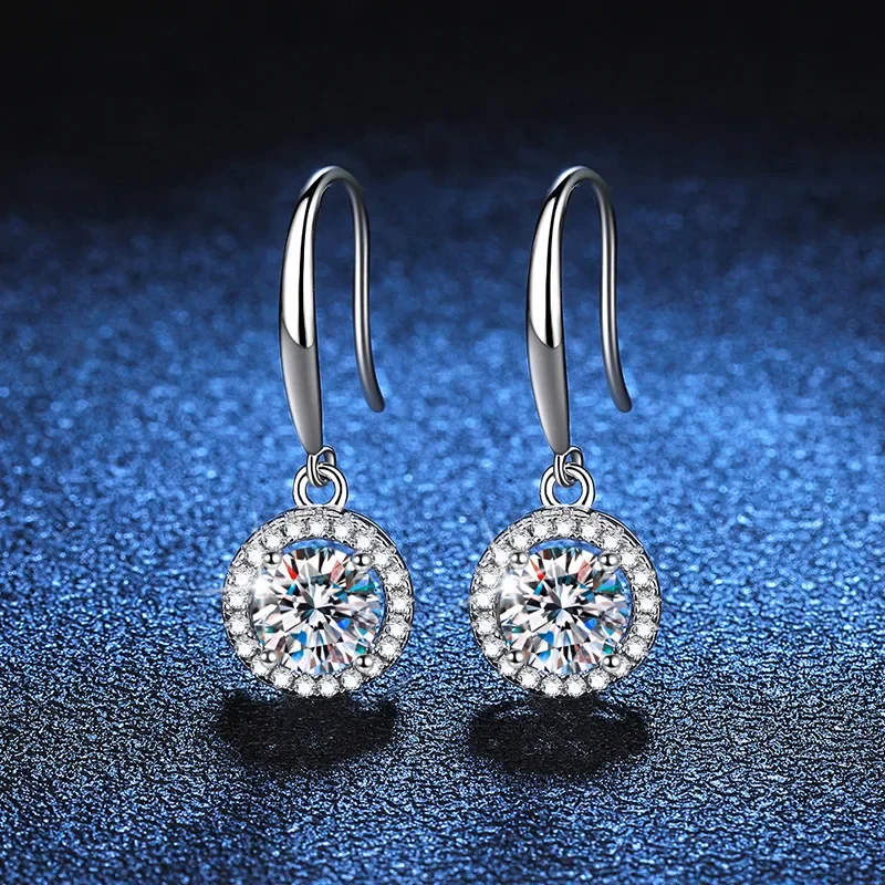 

Real Moissanite Drop Earrings D Color 1CT Sterling Silver Classic Round Diamond Earrings Christmas Gift High Quality GRA Jewelry