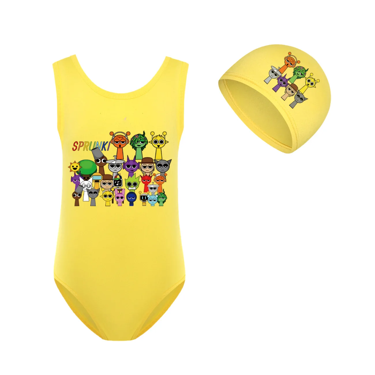 Baby sprunki Swimwear Kids Game Incredibox One Piece BeachWear Child Swimming Suit Toddler Girls Cartoon Swimsuit+cap 2pcs Sets