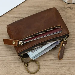 Little Coin Purse Genuine Leather Real Cowhide Men's Leather Short Wallet Mini Purse Men Women Key Wallet Card Zip With Key Ring