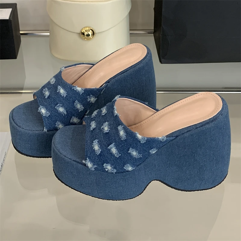 Aneikeh Denim Print Platform Wedges Chunky Heels Summer Outdoor Wear Comfortable Shoes New Soled Banquet Slipper Sandalias