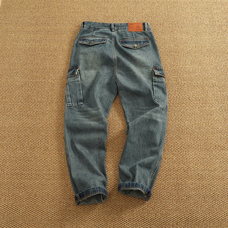 Khaki vintage blue multi-pocket long pants men washed to make old small straight tube micro-cone cargo jeans