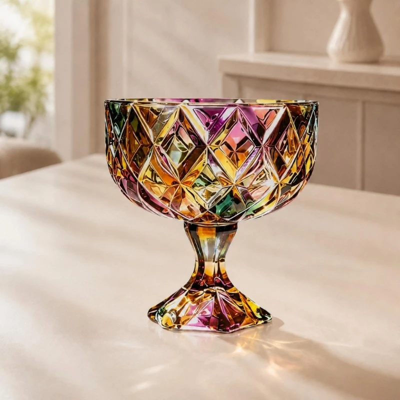 Dekorative Obstschale aus Kristallglas mit glänzendem geometrischem Außenmuster 3XUF – Detail 1