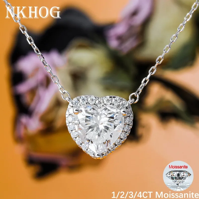 NKHOG 1/2/3/4CT Heart Cut Full Moissanite Necklaces S925 Silver 18K Plated D Color Diamond Pendants Women Gifts Fine Jewelry GRA