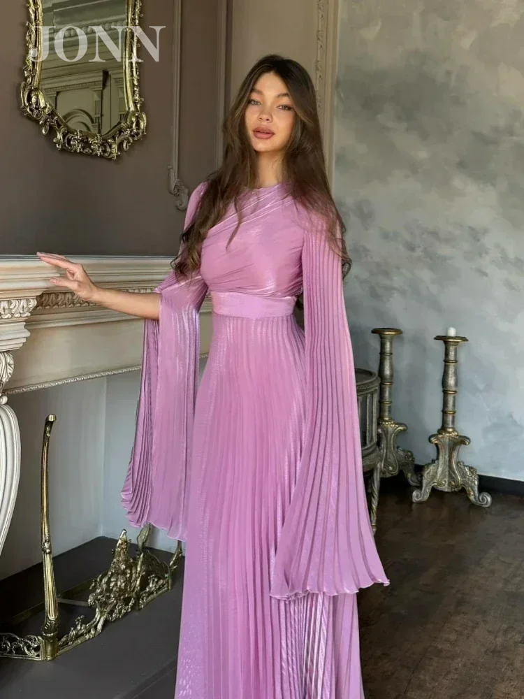 

JONN Sexy O Neck Batwing Sleeve Pleated Long Dress Women Rose Pink Lace-up Long Sleeves Floor-Length Evening Party Prom Gowns