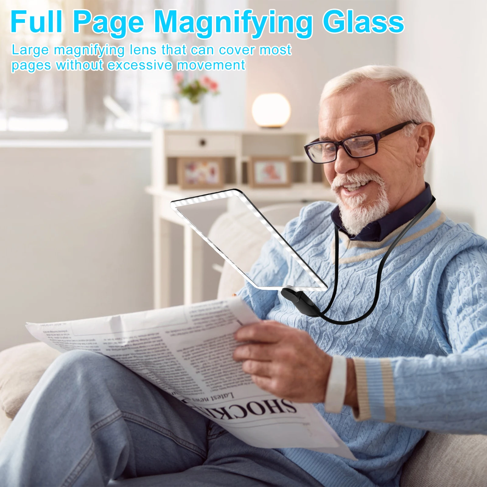 Hands Free Magnifying Glass 5X Dimmable Neck Wear Magnifier Square LED Magnifying Glass Full Book Page Reading Magnifier