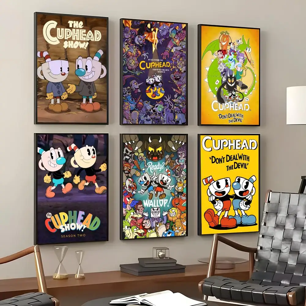 Game Cuphead Poster Self-Adhesive Waterproof Wall Stickers, Coffee Bar Home Wall Decor