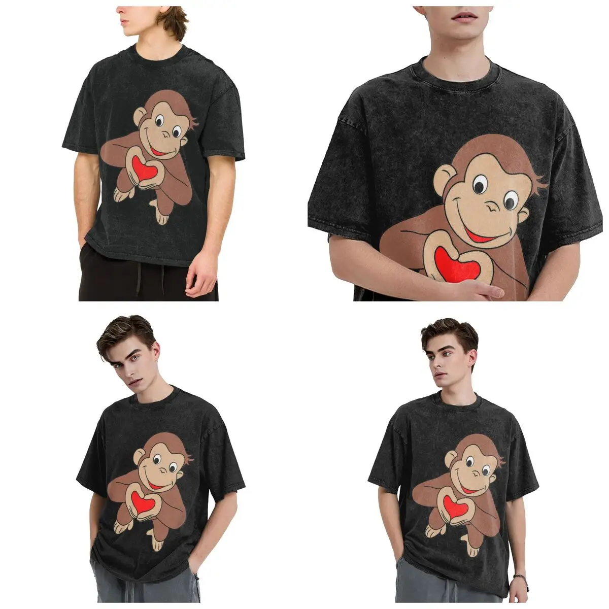 Curious George Is All Heart Hip Hop Short Sleeve T-Shirts Washed Tops Tees Streetwear T Shirt Vintage for Men Women