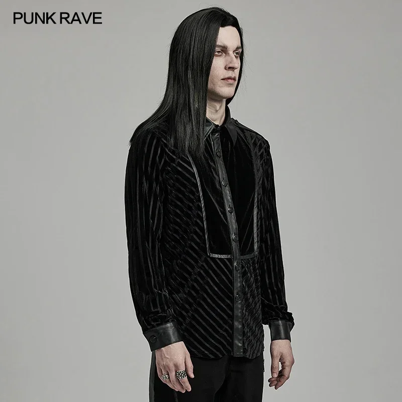 PUNK RAVE Men\'s Cool Handsome Solid Color Velvet Spliced Military Shirt Punk Fitted Tops Men Clothing